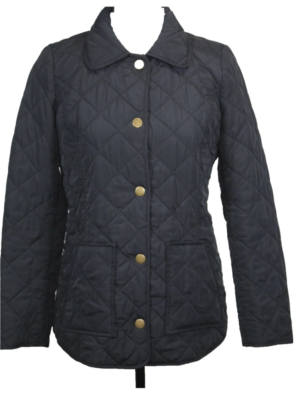 J.Jill Classic Diamond Quilted Black Jacket Gold Snap Buttons, Pockets. Size M